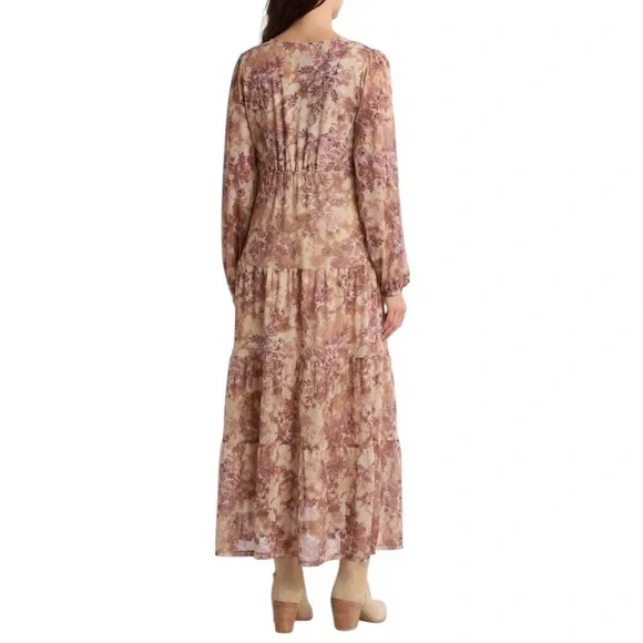 Lucky Brand Tan Floral Long Sleeve Maxi Dress Sheer Overlay NWT Size Large - Picture 2 of 6